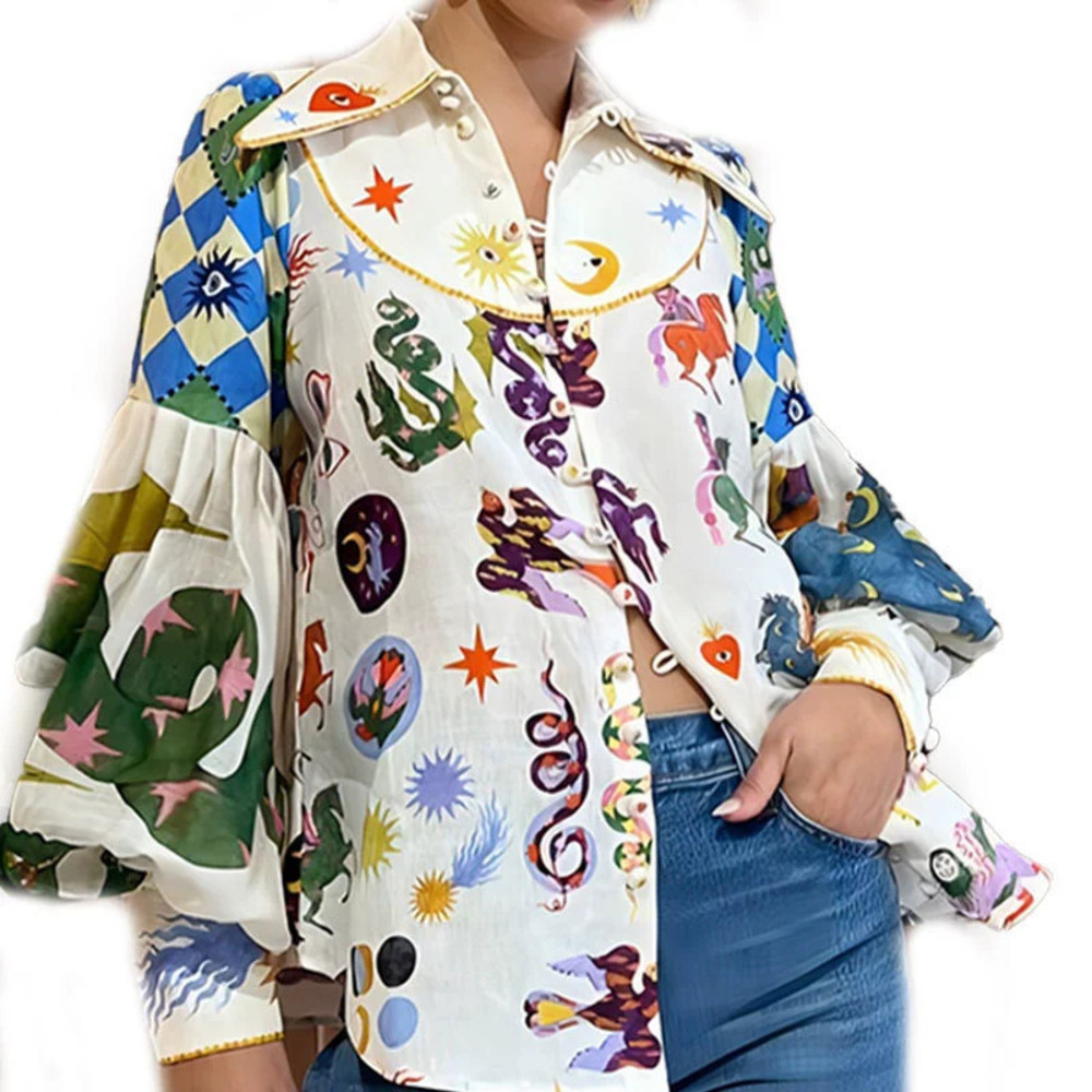 ZARA Summer Graffiti Print Collar Lantern Sleeve Loose Slim Long Sleeve Blouse